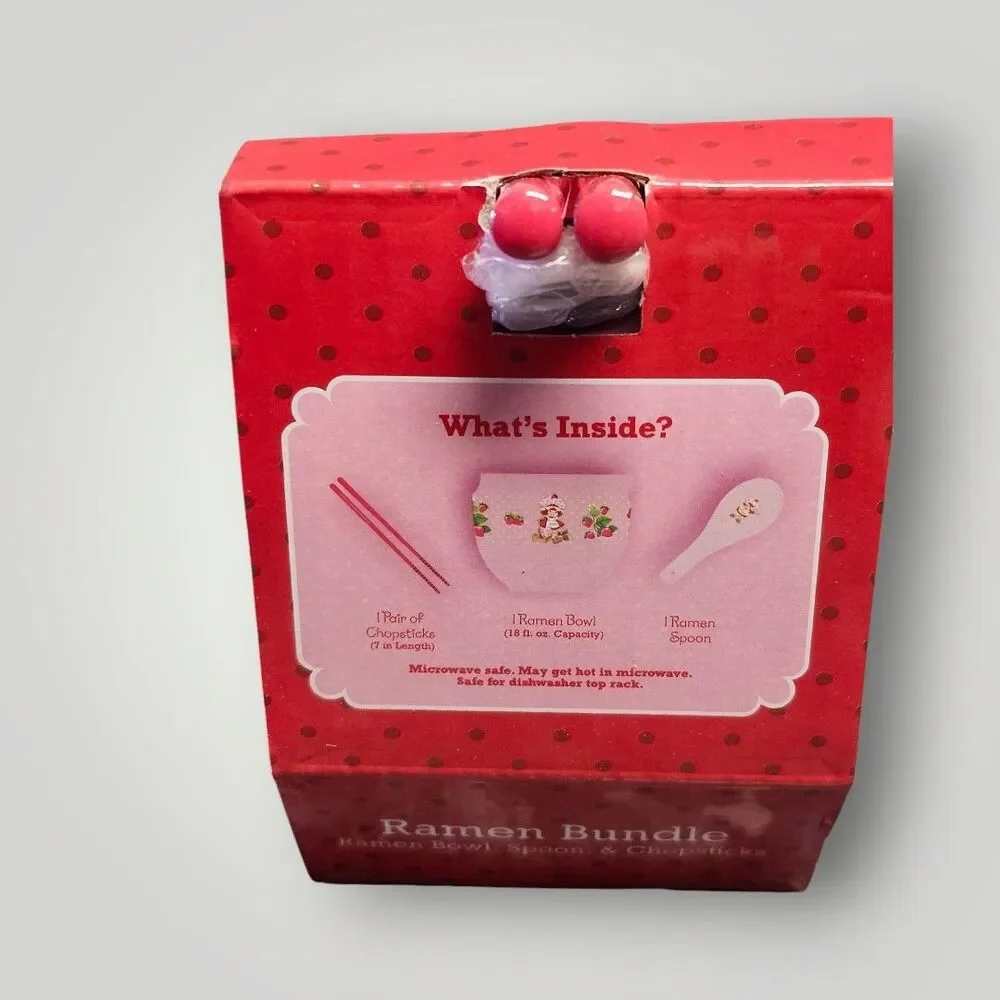 NEW Strawberry Shortcake Pink RAMEN Noodle‎ BOWL with Spoon & Chopsticks